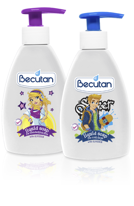 Becutan liquid soaps with cool guy and trendsetter girl